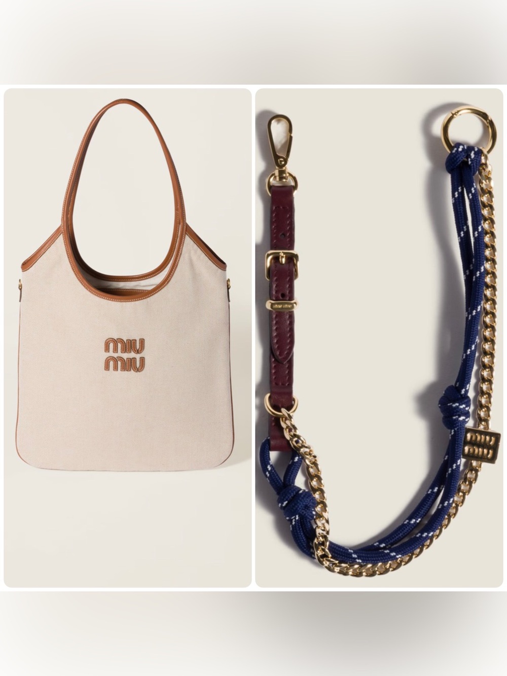 Miu Miu Ivy canvas and leather bag and key ring charm